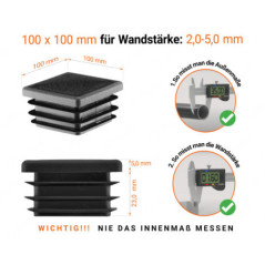Schwarze Endkappe für Vierkantrohre in der Größe 100x100 mm mit technischen Abmessungen und Anleitung für korrekte Messung