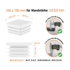 Weiße Endkappe für Vierkantrohre in der Größe 100x100 mm mit technischen Abmessungen und Anleitung für korrekte Messung