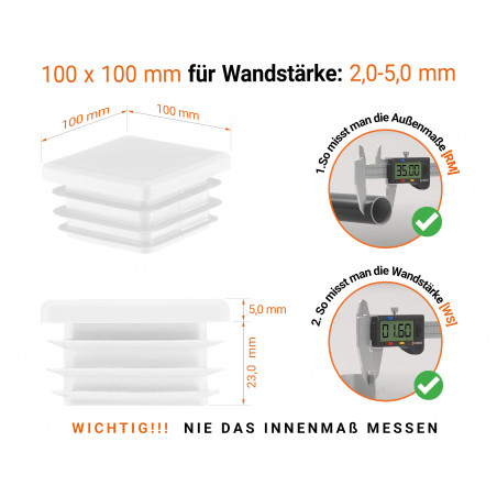 Weiße Endkappe für Vierkantrohre in der Größe 100x100 mm mit technischen Abmessungen und Anleitung für korrekte Messung