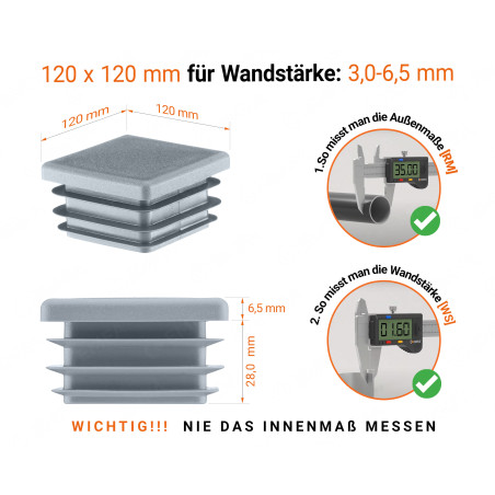 Lamellenstopfen vierkant 120x120 mm Grau 10 Stück Grau Endkappe für Vierkantrohre in der Größe 120x120 mm mit technischen Abmessungen und Anleitung für korrekte Messung