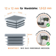 Grau Endkappe für Vierkantrohre in der Größe 12x12 mm mit technischen Abmessungen und Anleitung für korrekte Messung