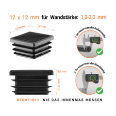 Schwarze Endkappe für Vierkantrohre in der Größe 12x12 mm mit technischen Abmessungen und Anleitung für korrekte Messung
