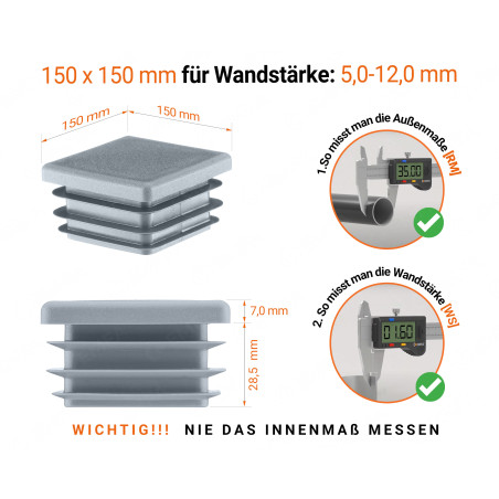 Grau Endkappe für Vierkantrohre in der Größe 150x150 mm mit technischen Abmessungen und Anleitung für korrekte Messung