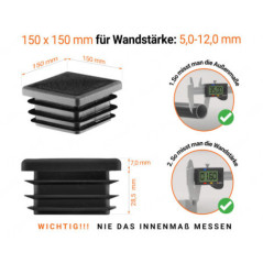 Schwarze Endkappe für Vierkantrohre in der Größe 150x150 mm mit technischen Abmessungen und Anleitung für korrekte Messung