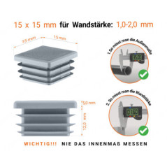 Grau Endkappe für Vierkantrohre in der Größe 15x15 mm mit technischen Abmessungen und Anleitung für korrekte Messung