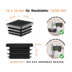 Schwarze Endkappe für Vierkantrohre in der Größe 15x15 mm mit technischen Abmessungen und Anleitung für korrekte Messung