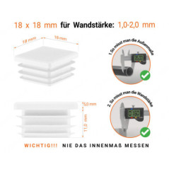 Weiße Endkappe für Vierkantrohre in der Größe 18x18 mm mit technischen Abmessungen und Anleitung für korrekte Messung