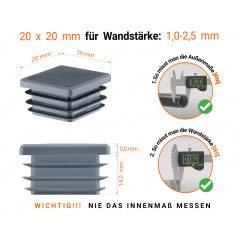 Anthrazite Endkappe für Vierkantrohre in der Größe 20x20 mm mit technischen Abmessungen und Anleitung für korrekte Messung