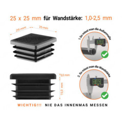 Schwarze Endkappe für Vierkantrohre in der Größe 25x25 mm mit technischen Abmessungen und Anleitung für korrekte Messung
