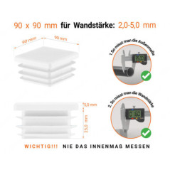 Weiße Endkappe für Vierkantrohre in der Größe 90x90 mm mit technischen Abmessungen und Anleitung für korrekte Messung
