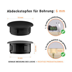 Schwarze Blindstopfen aus Kunststoff für Bohrung 6 mm mm mit technischen Abmessungen und Anleitung für korrekte Messung