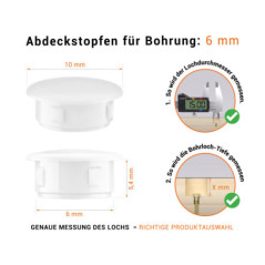 Weiße Blindstopfen aus Kunststoff für Bohrung 6 mm mm mit technischen Abmessungen und Anleitung für korrekte Messung
