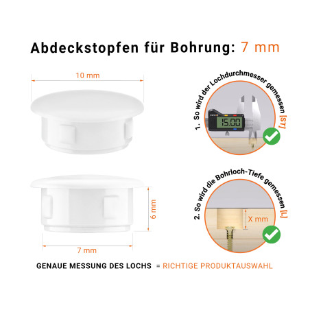 Abdeckkappen für Bohrlöcher 7 mm Weiß 50 Stück Weiße Blindstopfen aus Kunststoff für Bohrung 7 mm mm mit technischen Abmessungen und Anleitung für korrekte Messung