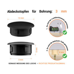 Schwarze Blindstopfen aus Kunststoff für Bohrung 3 mm mm mit technischen Abmessungen und Anleitung für korrekte Messung