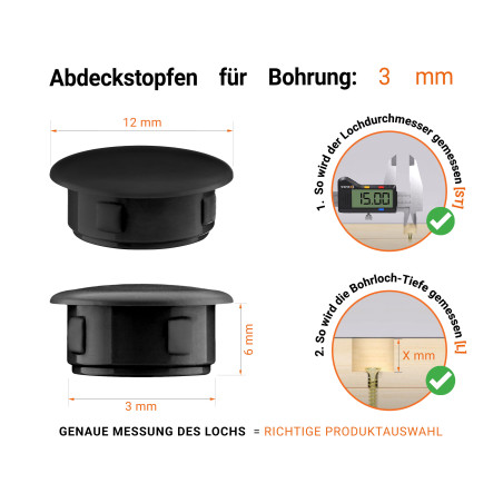Schwarze Blindstopfen aus Kunststoff für Bohrung 3 mm mm mit technischen Abmessungen und Anleitung für korrekte Messung