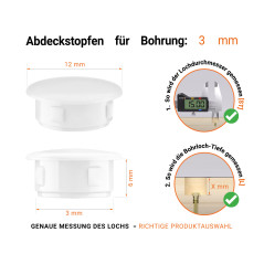 Weiße Blindstopfen aus Kunststoff für Bohrung 3 mm mm mit technischen Abmessungen und Anleitung für korrekte Messung