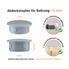 Graue Blindstopfen aus Kunststoff für Bohrung 10 mmmm mit technischen Abmessungen und Anleitung für korrekte Messung