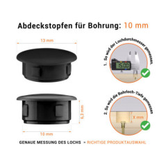 Schwarze Blindstopfen aus Kunststoff für Bohrung 10 mmmm mit technischen Abmessungen und Anleitung für korrekte Messung