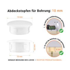 Weiße Blindstopfen aus Kunststoff für Bohrung 10 mmmm mit technischen Abmessungen und Anleitung für korrekte Messung