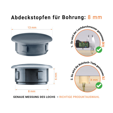 Anthrazite Blindstopfen aus Kunststoff für Bohrung 8 mm mm mit technischen Abmessungen und Anleitung für korrekte Messung