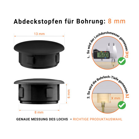 Abdeckkappen für Bohrlöcher 8 mm Schwarz 50 Stück Schwarze Blindstopfen aus Kunststoff für Bohrung 8 mm mm mit technischen Abmessungen und Anleitung für korrekte Messung
