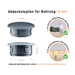 Anthrazite Blindstopfen aus Kunststoff für Bohrung 9 mm mm mit technischen Abmessungen und Anleitung für korrekte Messung