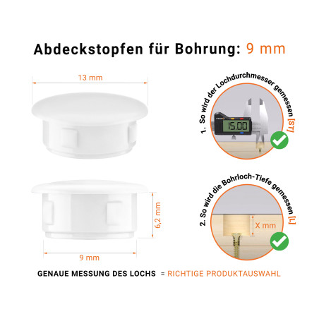 Abdeckkappen für Bohrlöcher 9 mm Weiß 50 Stück Weiße Blindstopfen aus Kunststoff für Bohrung 9 mm mm mit technischen Abmessungen und Anleitung für korrekte Messung