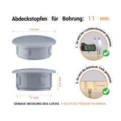 Graue Blindstopfen aus Kunststoff für Bohrung 11 mmmm mit technischen Abmessungen und Anleitung für korrekte Messung