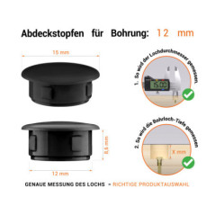 Schwarze Blindstopfen aus Kunststoff für Bohrung 12 mmmm mit technischen Abmessungen und Anleitung für korrekte Messung