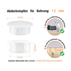 Weiße Blindstopfen aus Kunststoff für Bohrung 12 mmmm mit technischen Abmessungen und Anleitung für korrekte Messung