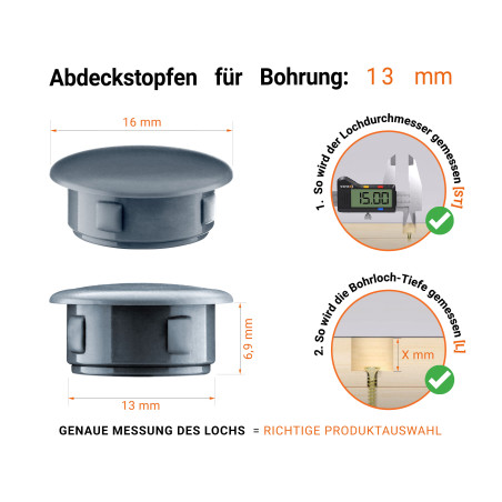 Abdeckkappen für Bohrlöcher 13 mm Anthrazit 50 Stück Anthrazite Blindstopfen aus Kunststoff für Bohrung 13 mmmm mit technischen Abmessungen und Anleitung für korrekte Messung