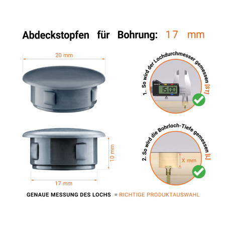 Anthrazite Blindstopfen aus Kunststoff für Bohrung 17 mmmm mit technischen Abmessungen und Anleitung für korrekte Messung