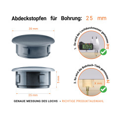 Anthrazite Blindstopfen aus Kunststoff für Bohrung 25 mmmm mit technischen Abmessungen und Anleitung für korrekte Messung