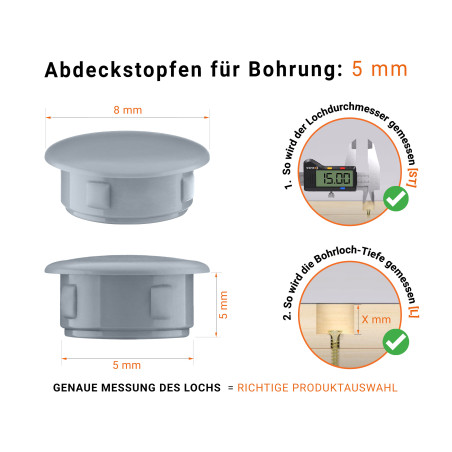 Graue Blindstopfen aus Kunststoff für Bohrung 5 mm mm mit technischen Abmessungen und Anleitung für korrekte Messung