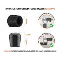 Schwarze Endkappen für Rundrohre Außendurchmesser PVC 10 mm mit technischen Abmessungen und Anleitung für korrekte Messung