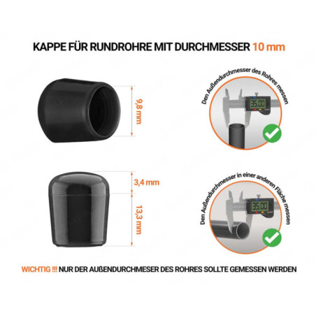 Kappen für Rundrohre 10 mm Schwarz 100 Stück Schwarze Endkappen für Rundrohre Außendurchmesser 10 mm mit technischen Abmessungen und Anleitung für korrekte Messung
