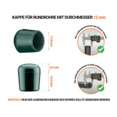 Grüne Endkappen für Rundrohre Außendurchmesser 12 mm mit technischen Abmessungen und Anleitung für korrekte Messung