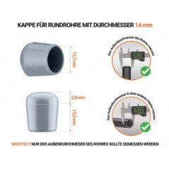 Graue Endkappen für Rundrohre Außendurchmesser 14 mm mit technischen Abmessungen und Anleitung für korrekte Messung