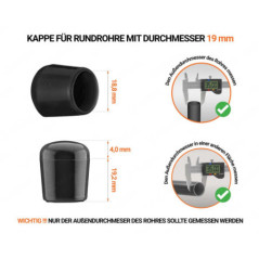 Schwarze Endkappen für Rundrohre Außendurchmesser 19 mm mit technischen Abmessungen und Anleitung für korrekte Messung