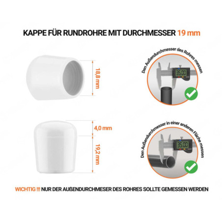 Weiß_x001f_e Endkappen für Rundrohre Außendurchmesser 19 mm mit technischen Abmessungen und Anleitung für korrekte Messung
