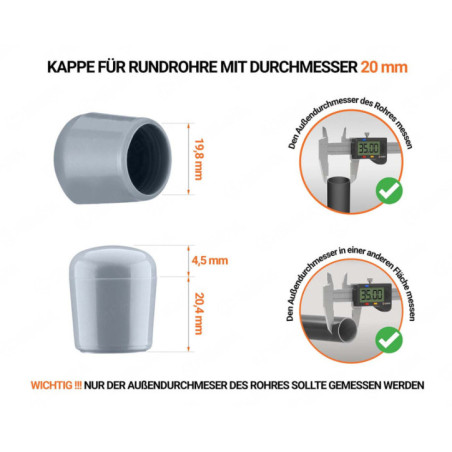 Graue Endkappen für Rundrohre Außendurchmesser 20 mm mit technischen Abmessungen und Anleitung für korrekte Messung