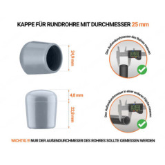 Graue Endkappen für Rundrohre Außendurchmesser 25 mm mit technischen Abmessungen und Anleitung für korrekte Messung