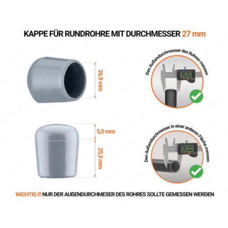 Endkappen für Rohre 27 mm Grau Graue Endkappen für Rundrohre Außendurchmesser 27 mm mit technischen Abmessungen und Anleitung für korrekte Messung