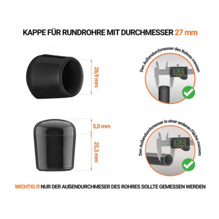 Schwarze Endkappen für Rundrohre Außendurchmesser 27 mm mit technischen Abmessungen und Anleitung für korrekte Messung