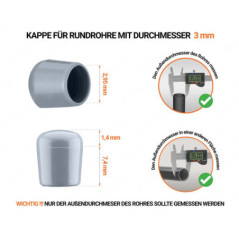 Graue Endkappen für Rundrohre Außendurchmesser 3 mm  mit technischen Abmessungen und Anleitung für korrekte Messung