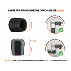 Schwarze Endkappen für Rundrohre Außendurchmesser 3 mm  mit technischen Abmessungen und Anleitung für korrekte Messung