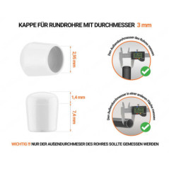 Weiß_x001f_e Endkappen für Rundrohre Außendurchmesser 3 mm  mit technischen Abmessungen und Anleitung für korrekte Messung