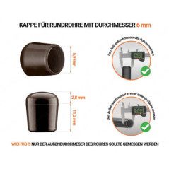 Braune Endkappen für Rundrohre Außendurchmesser 6 mm  mit technischen Abmessungen und Anleitung für korrekte Messung