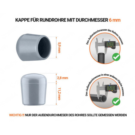 Graue Endkappen für Rundrohre Außendurchmesser 6 mm  mit technischen Abmessungen und Anleitung für korrekte Messung