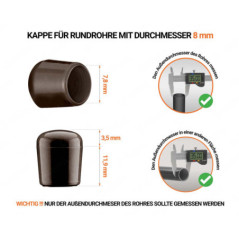 Braune Endkappen für Rundrohre Außendurchmesser 8 mm  mit technischen Abmessungen und Anleitung für korrekte Messung
